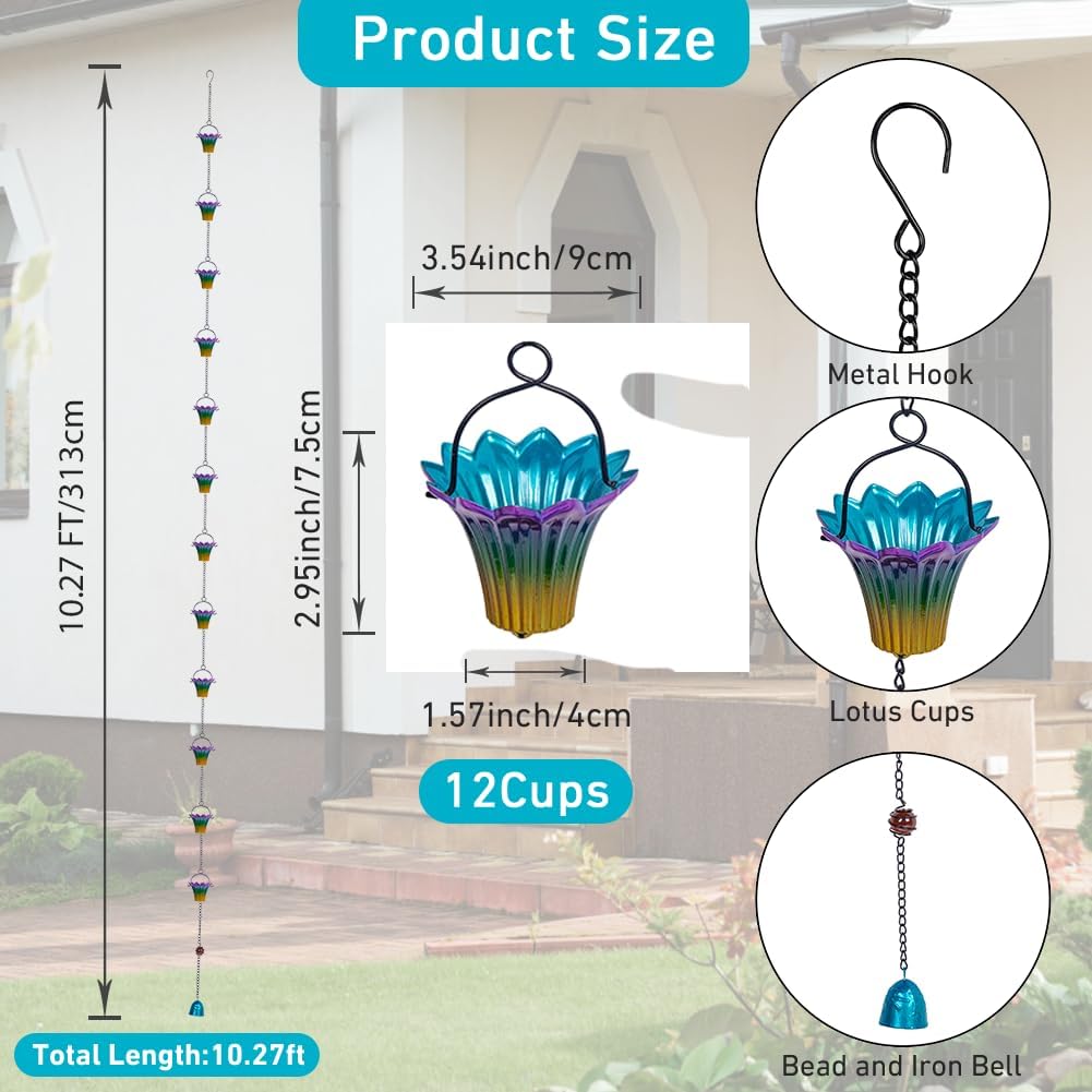 10FT Rain Chains for Outside, Rain Gutter Chain with 12 Lily Cups, Adjustable Rain Water Chain with Bell for Eaves Drainage, Replacement for Downspout