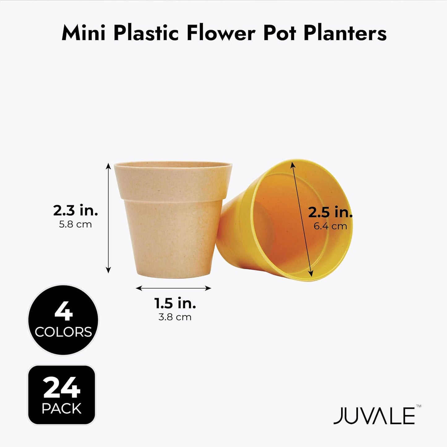Juvale 24 Pack Tiny Plastic Pots for Plants 1.5 Inch - Mini Planters for Flowers, Succulents (4 Colors), 6.4 x 6.4 x 5.7 cm - Plant Pots