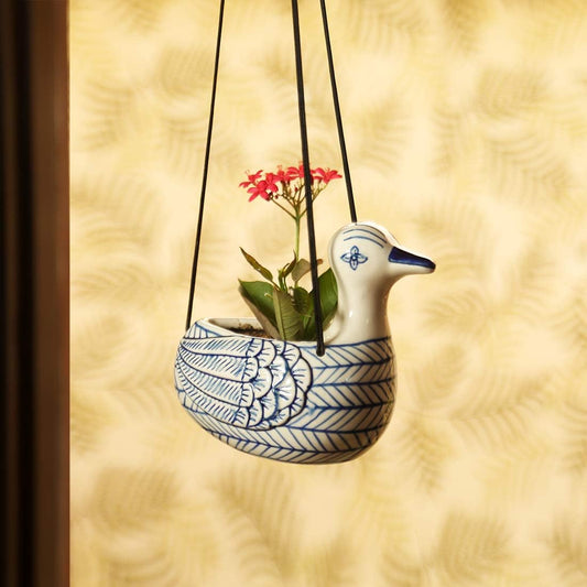ExclusiveLane Duck' Hand-Painted Ceramic Hanging Planters for Indoor, Outdoor Plants, Flowers | Hanging Planter for Balcony, Home Décor, Garden, Living Room (Indigo Blue & White)