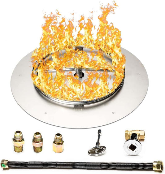 Fire Pit Burner Pan & Ring - Works with Natural Gas - Stainless Steel Fire Pit Burner Kit 18-Inch Pan, 12-Inch Ring - 90,000 BTU Max