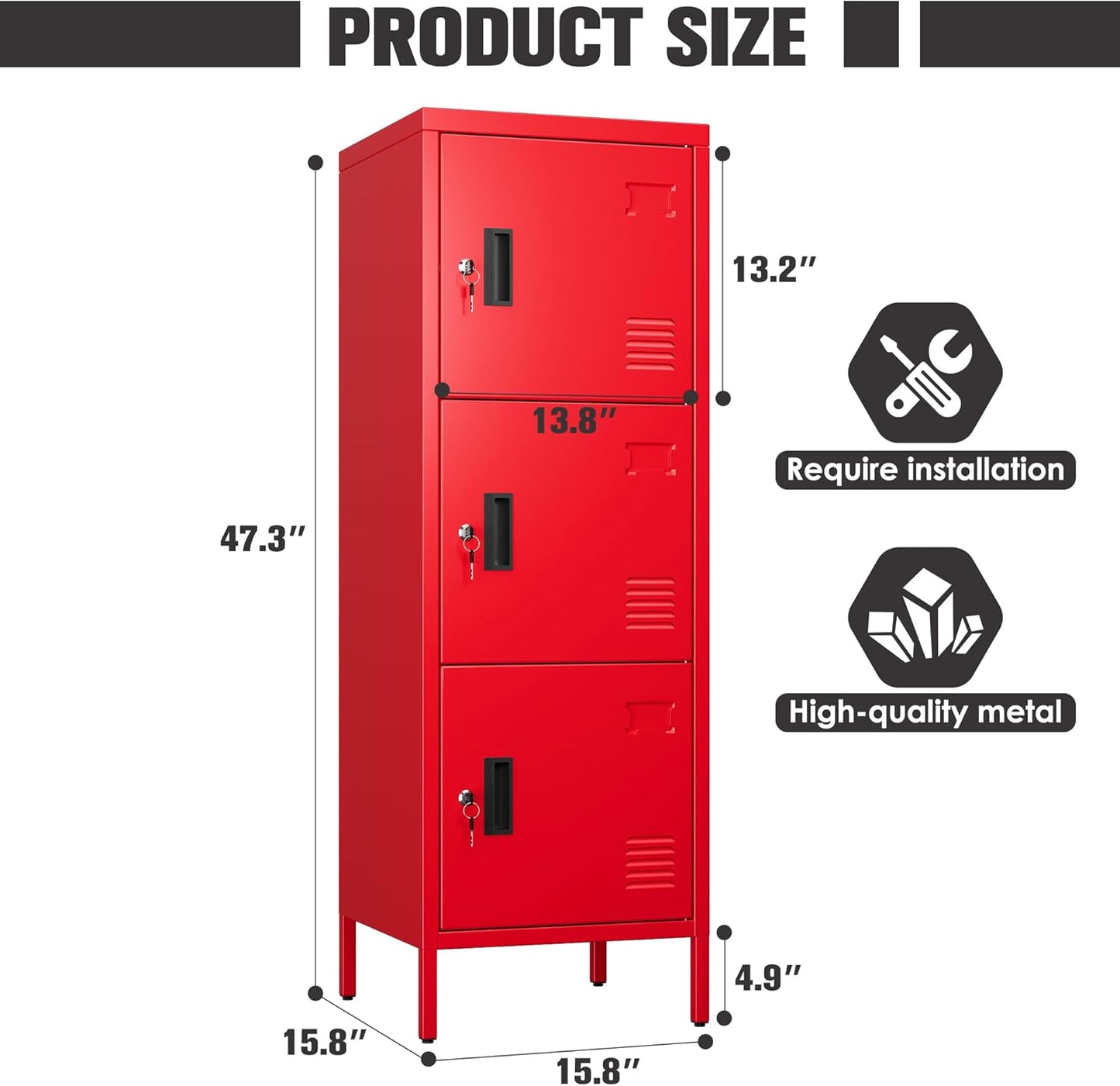 47.3" H x 15.8" D x 15.8" W Metal Storage Locker for Employees,3 Doors Employee Lockers with Adjustable Feet,Steel Home Office Storage Cabinet for School Gym Home Office, Assembly Required,Red