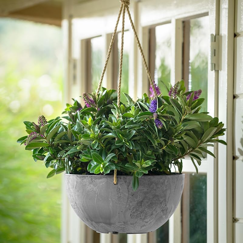 Root & Vessel Self Watering Hanging Planter for Indoor or Outdoor Plants, Unique Marbled Hanging Basket Made of Eco-Friendly Blend of Stone & Plastic, Gray, 10"