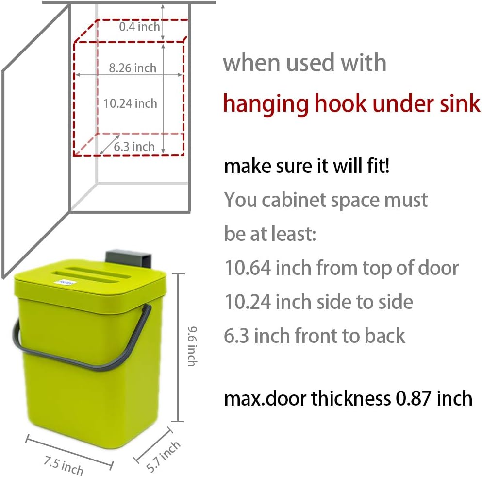 Counter Top Compost Bin with Lid for Kitchen Waste Food Scrap,Mountable Bathroom Hanging Small Trash Can Under Sink 1.3 Gal/5 L Series,Green