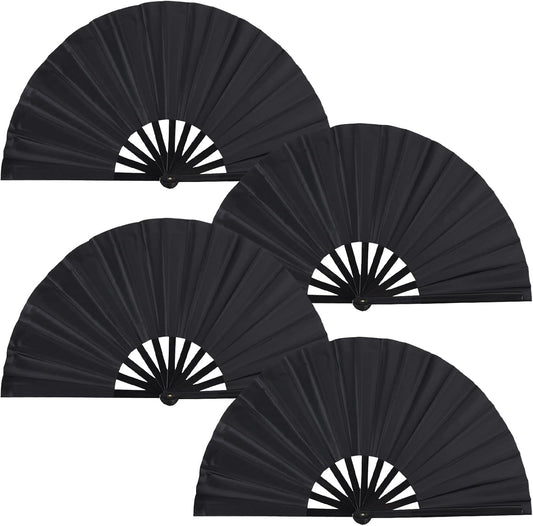 4 Pack Large Folding Hand Fan, Plastic Hand Held Folding Fans Chinese Kung Fu Hand Fan Decorative Folding Fans for Dance, Performance, Festival or Home Decorations(Black)