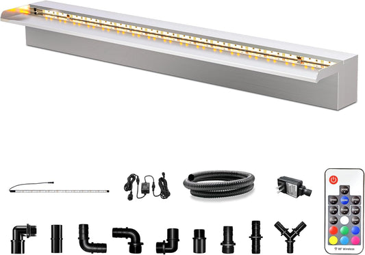 LONGRUN Waterfall Pool Fountain, Updated 5.9'' Wider Open Lip Stainless Steel Waterfall Spillway, Decorative Water Feature for Swimming Pools, Koi Ponds, Spa & Garden - 35.4''