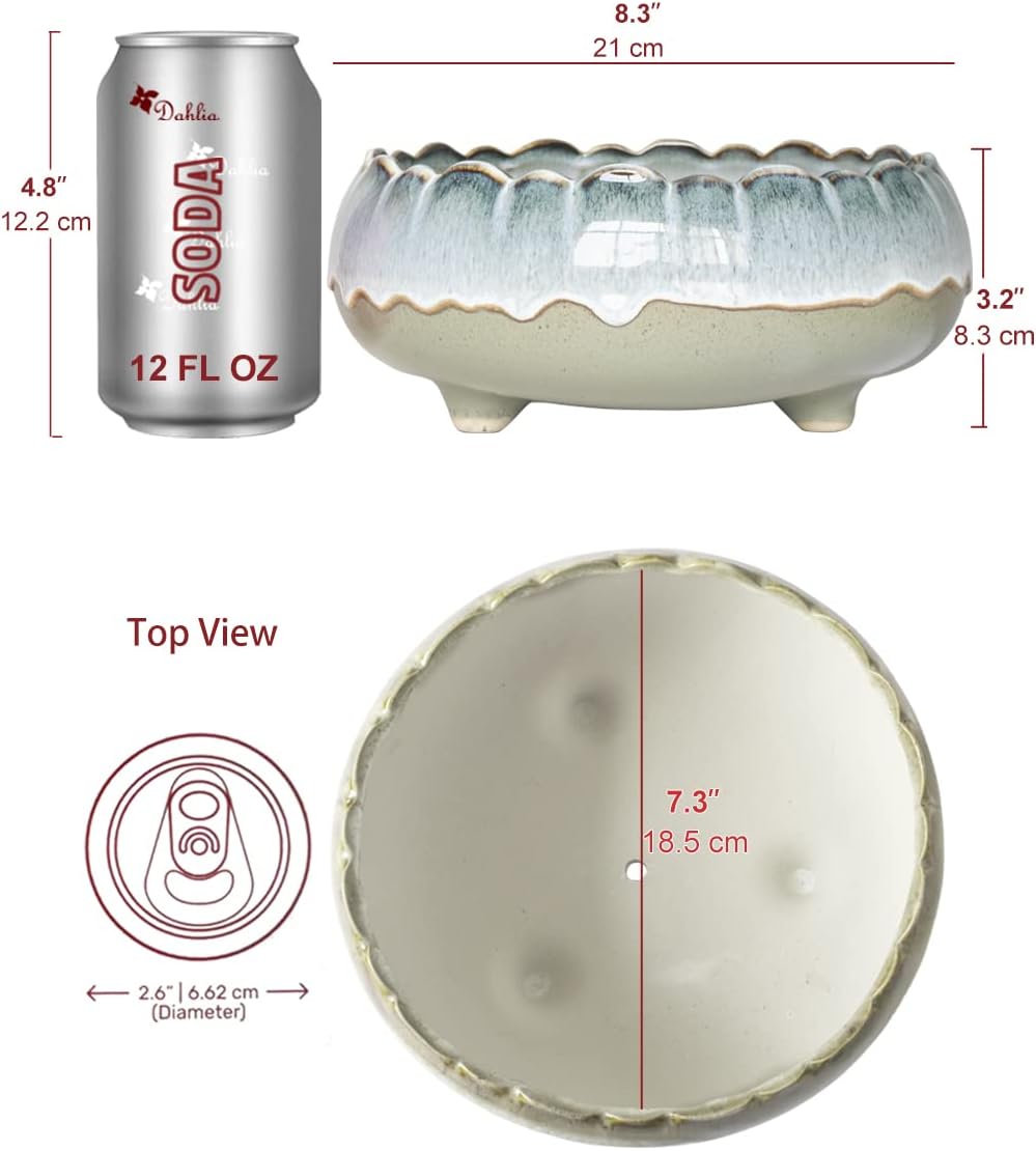 Dahlia 8.3'' Inch Large/Shallow/Wide Drip Glazed Ceramic Planter/Succulent Pot/Plant Pot, Gray