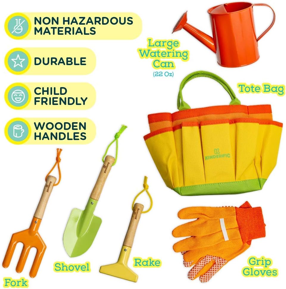 Gardening Set, Tool Kit, for Kids, STEM, Includes Tote Bag, Spade, Watering Can, Rake, Fork, Trowel and Gloves (Sunshine)