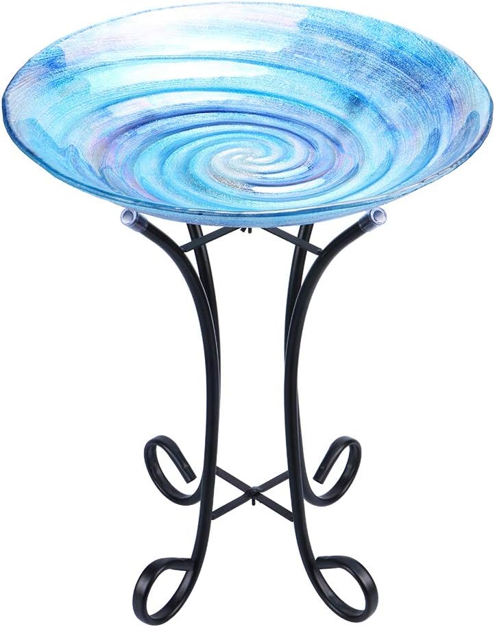 MUMTOP Outdoor Glass Birdbath with Metal Stand for Lawn Yard Garden Decor,18” Dia/21.65 Height