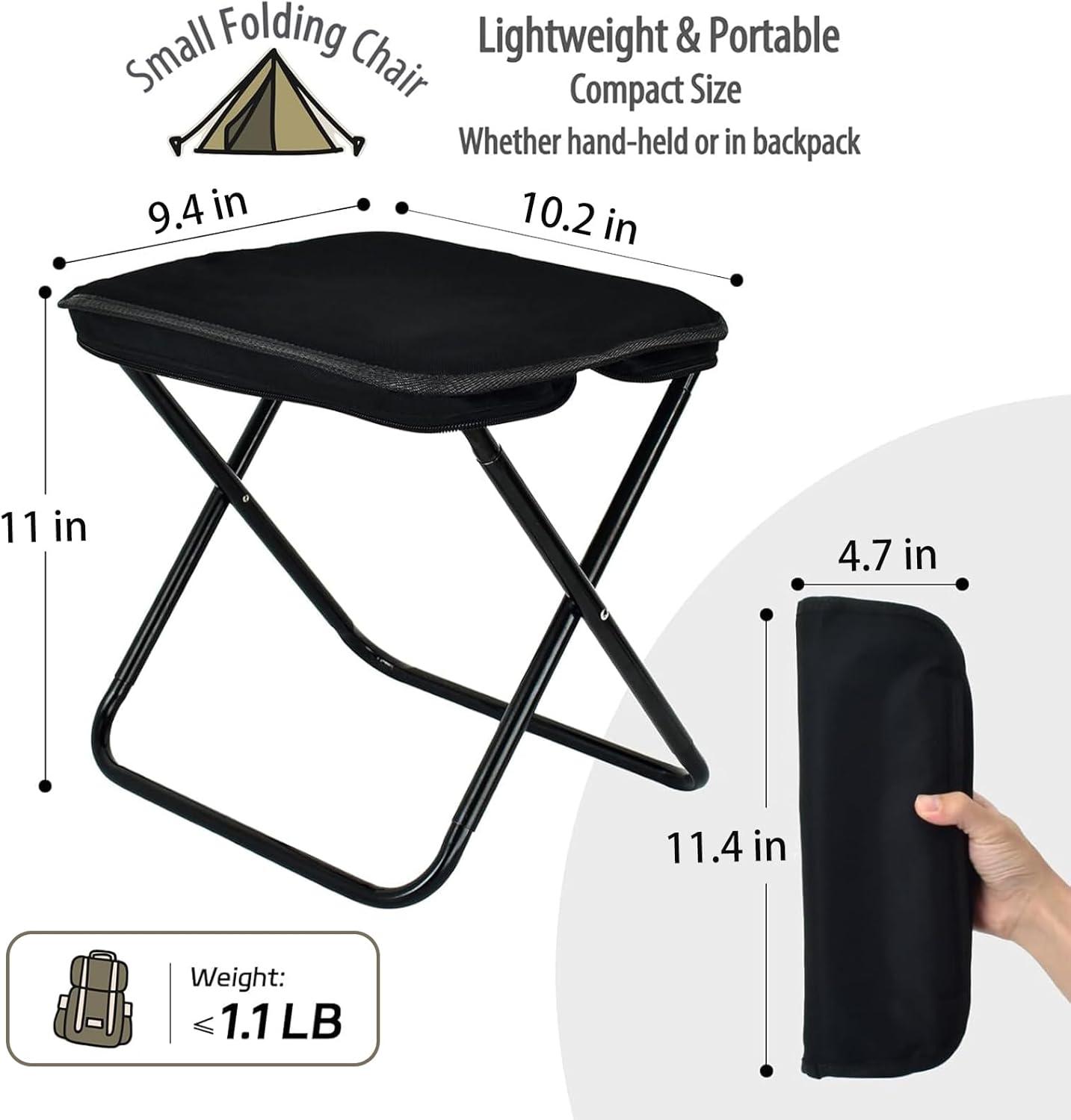 Hygite Portable Stool,10 Inch Small Folding Stool for Adults,Ultralight Black Camping Stools for Hiking and Fishing,Hold Up to 265 LBS