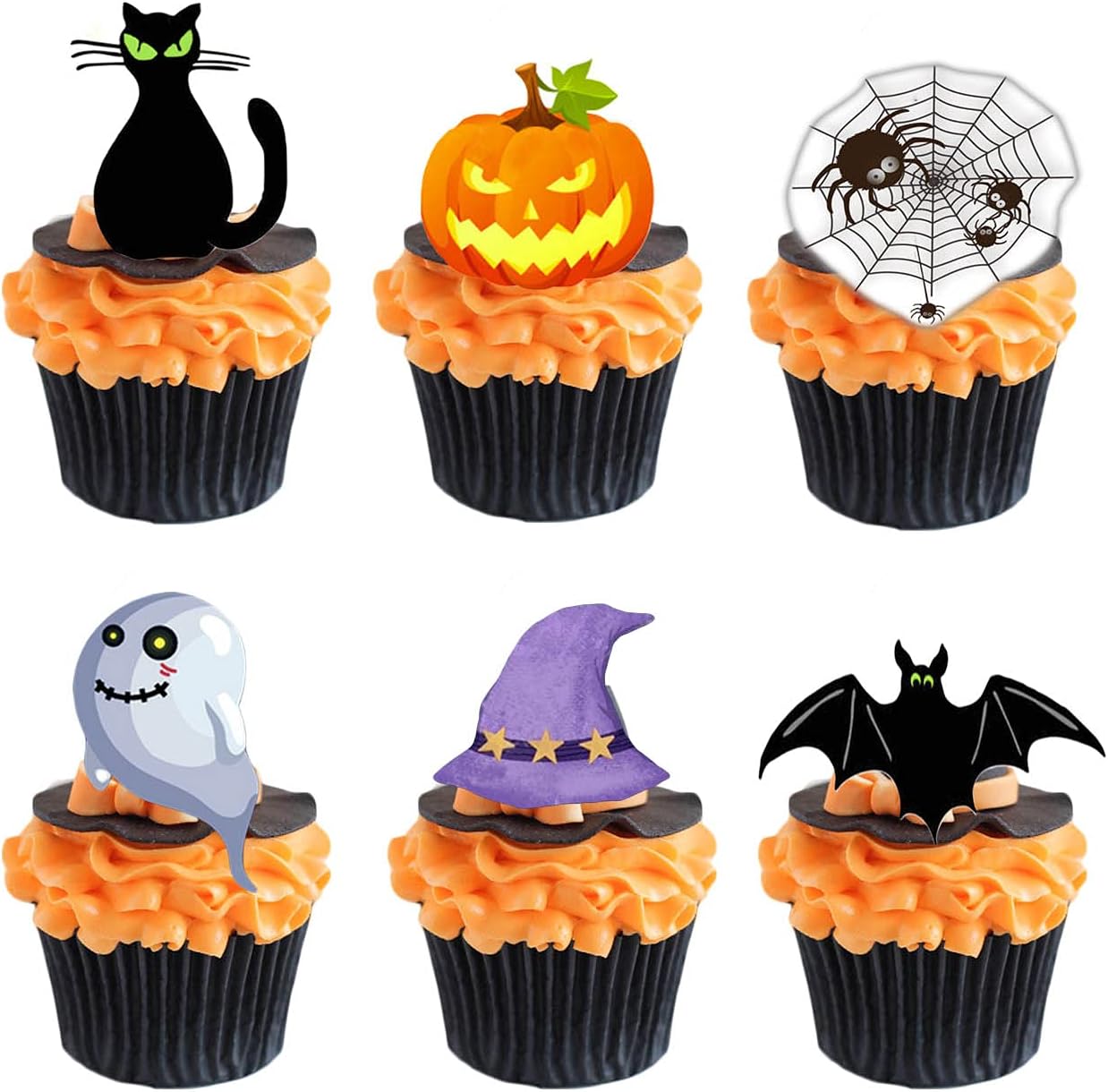 Halloween Edible Cupcake Toppers Pumpkin Ghost Bat Black Cat - Pre-cut Wafer Paper Cake Decorations，36pcs