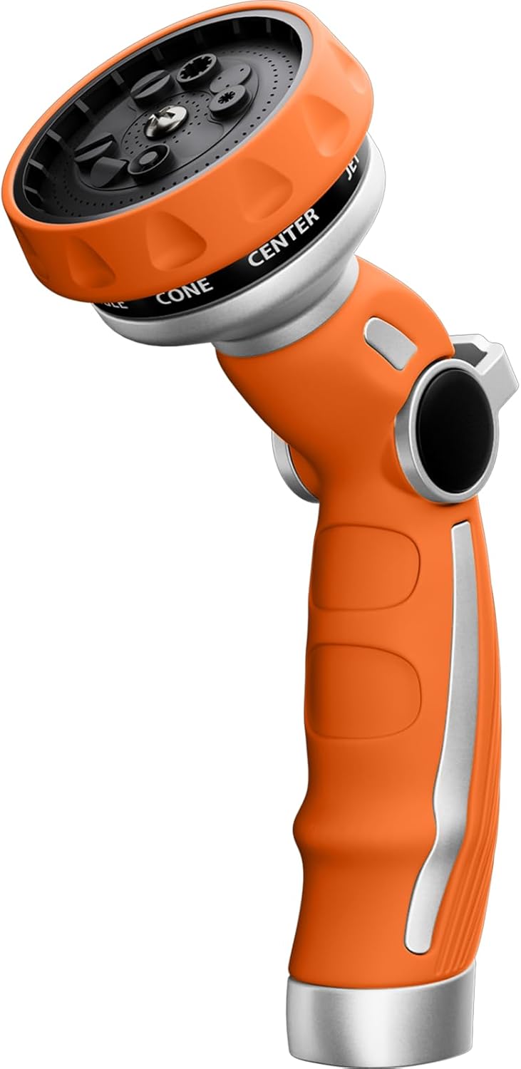 RESTMO Hose Nozzle Heavy Duty, Metal Water Hose Sprayer for Garden, 9 Spray Patterns | High Pressure | Thumb Flow Control | On/Off Valve, Ideal for Lawn & Plant Watering, Car & Pet Washing, Orange