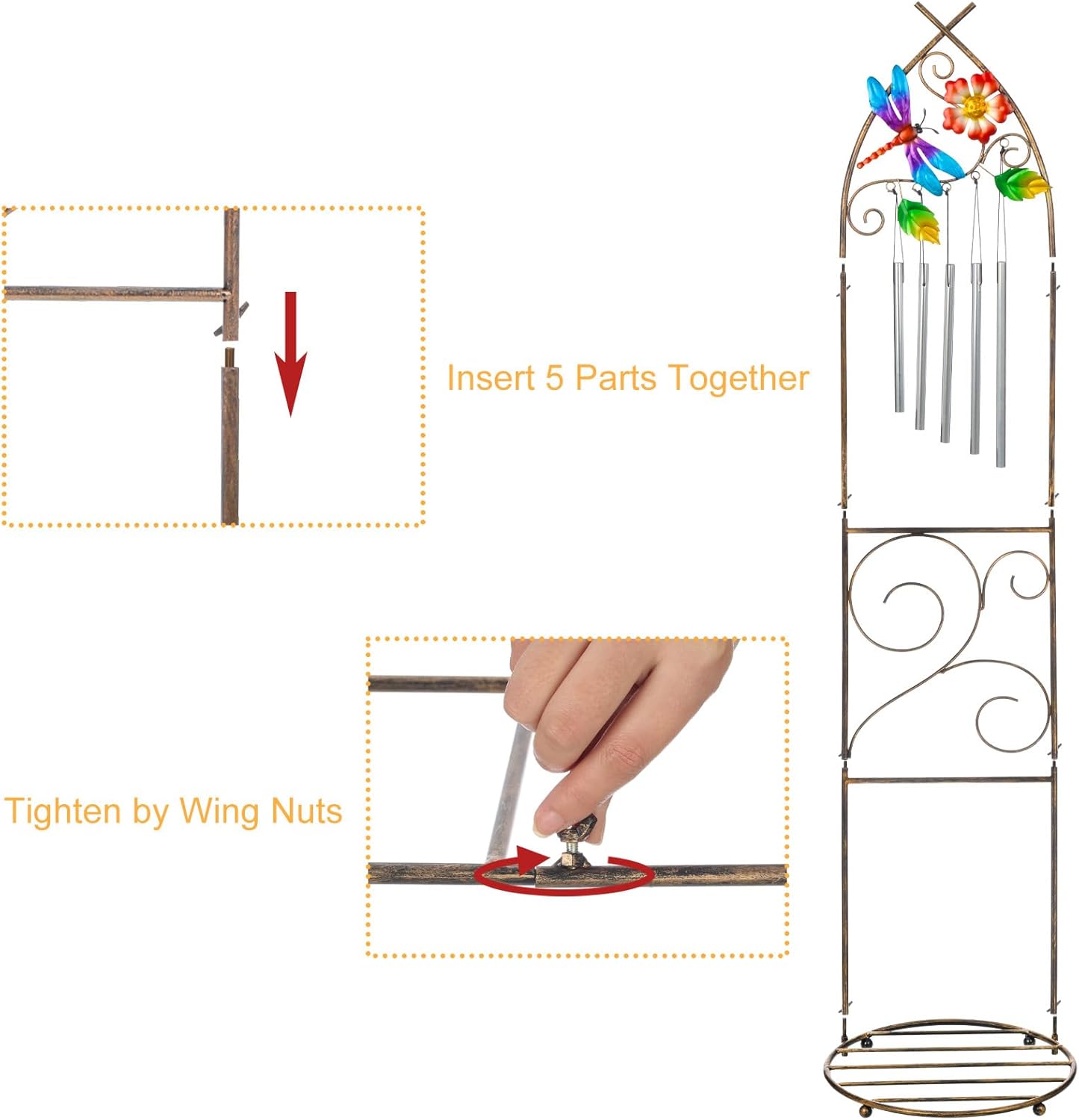 Garden Trellis with Plant Stands, 48” Metal Detachable Dragonfly Plant Pot Trellis with Wind Chimes for Climbing Plants Outdoor Lawn Patio Porches Decor
