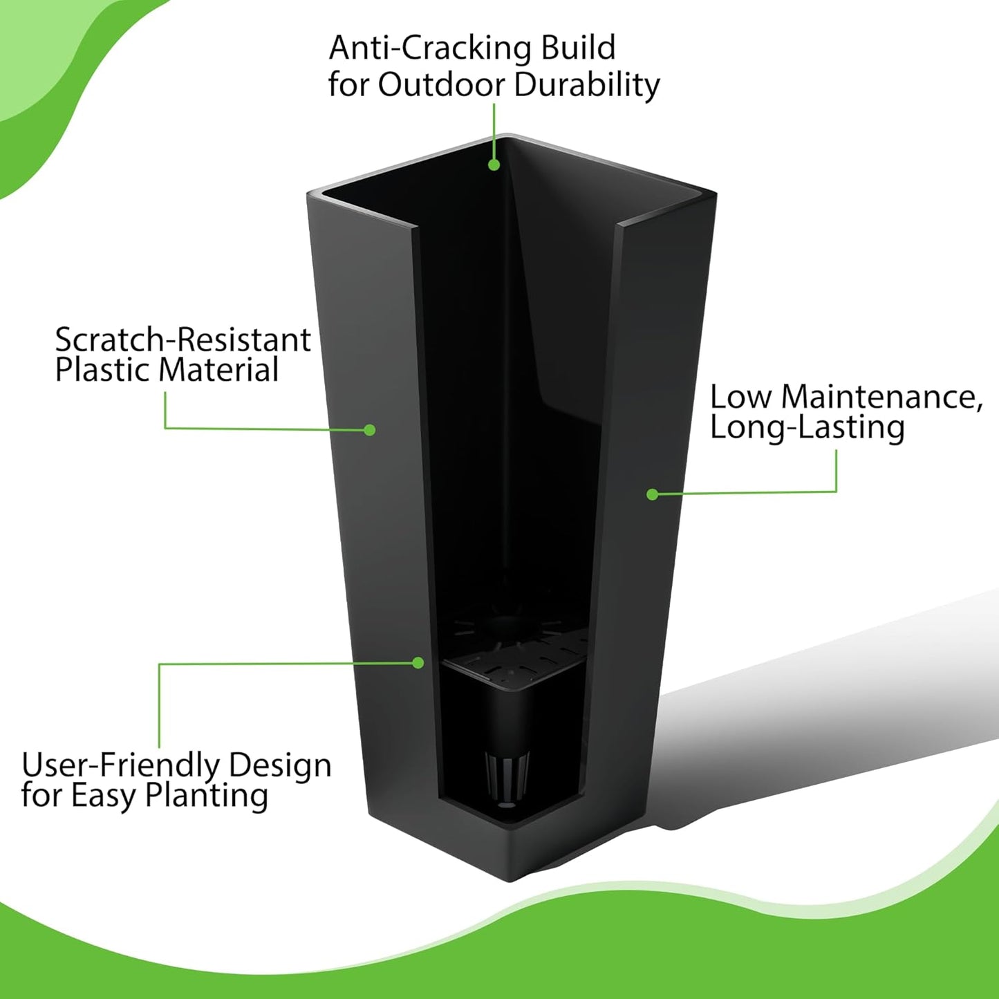 FENCY Set of 2 Tall Planters for Outdoor Plants, 24 Inch Large Tapered Pots with Drainage Trays, Weather-Resistant Plastic Plant Containers for Patio, Porch, Garden, Front Door Decor,Black