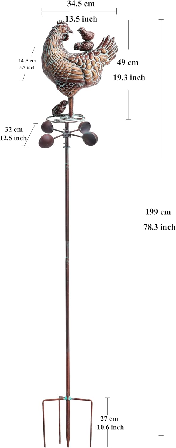 3D Large Metal Hen with Chicks Statue Spinner 79" H Kinetic Garden Chicken Sculpture Decorative Hen Wind Vane Outdoor Yard Art Antique Copper Chicken Garden Stake for Farm Patio Lawn Yard Decor