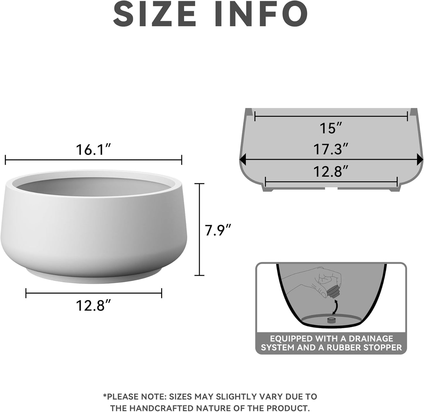 Kante 16.1" Dia Round Curvy Concrete Planter, Large Plant Pots with Drainage Hole and Rubber Plug for Indoor Outdoor Plants, Flower Pot for Home Garden Patio Porch, White