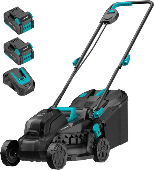Electric Lawn Mower with Brushless Motor, 20V 13 inch Cordless Lawn Mower with 5-Position Cutting Height Adjustment, 2x4.0Ah Battery and Charger Included