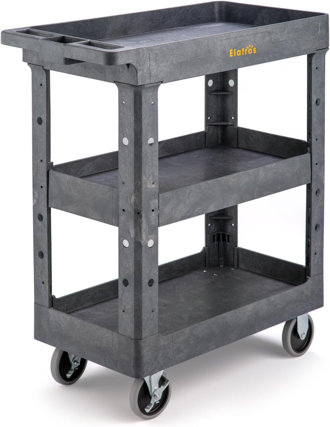 ELAFROS 3 Shelf Heavy Duty Plastic Utility Cart 34 x 17 x 38.5 Inch - Work Cart with 2 Fixed 2 Swivel Wheels and Safely Holds up to 550 lbs - 3 Tier Service Cart Deep Shelves Tool cart, Gray