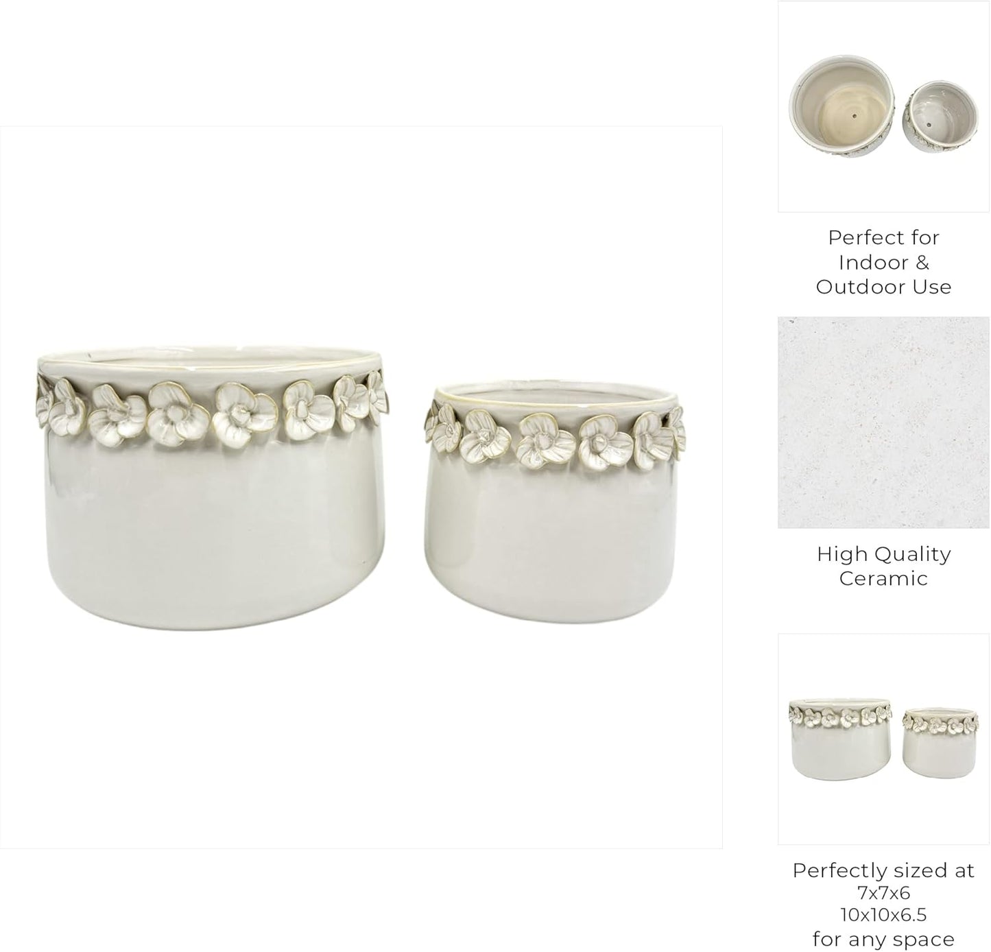 Decorative Flower Pot for Home Decor – Ceramic Indoor or Outdoor Planter with Sculpted Floral for Succulents or Houseplants – Pot for Plants for Garden, Patio, or Room Decor; Set of 2 – 7", 6" Ivory