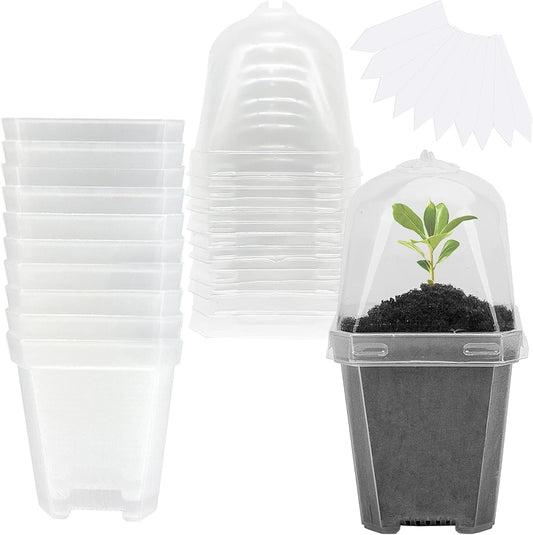EBaokuup 10PCS Clear Plant Nursery Pots with Humidity Dome - 3" Plastic Gardening Pot with Labels, Durable Plastic Plant Container for Seedlings/Vegetables/Succulents/Cuttings