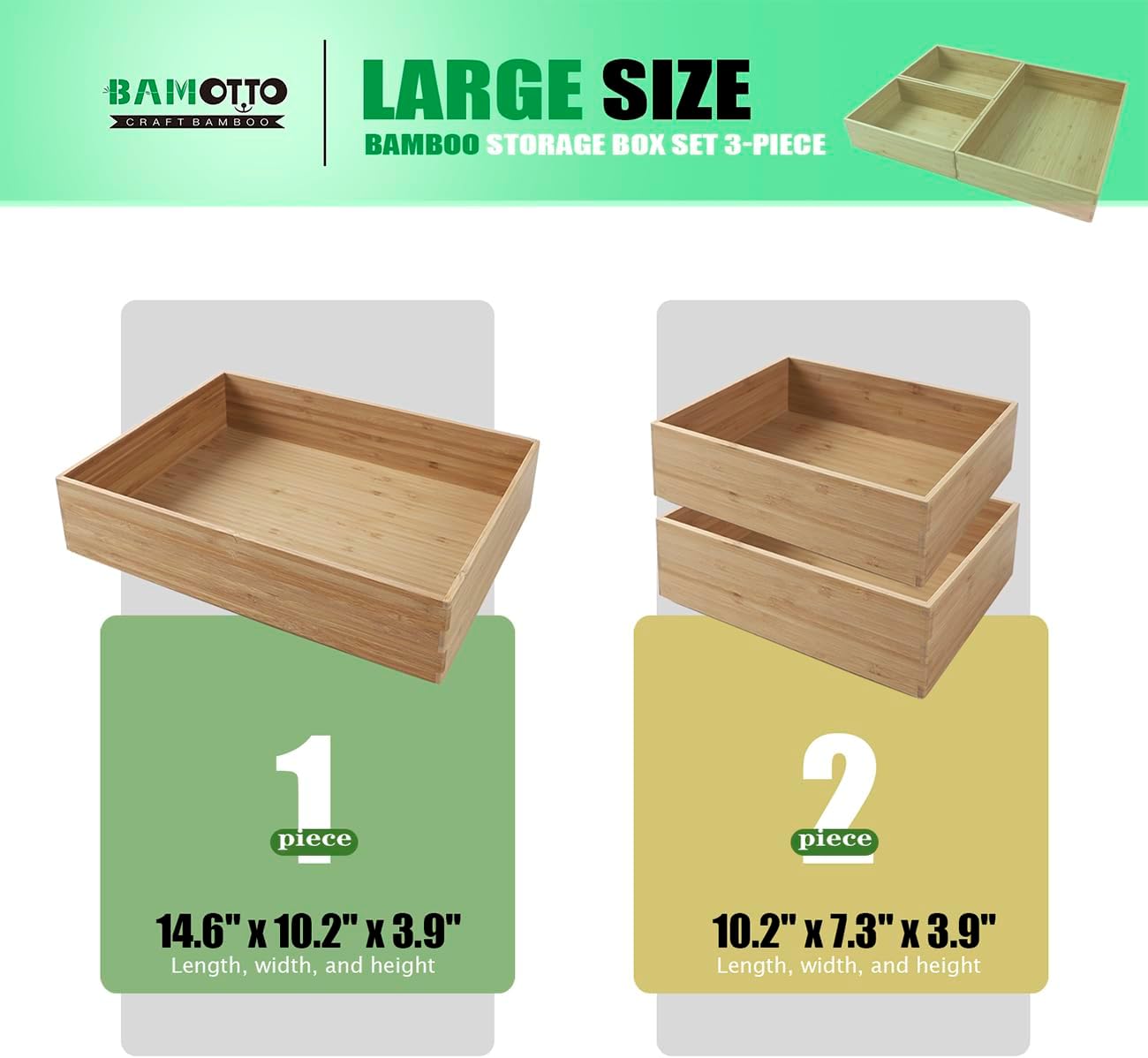 3-Piece Large Bamboo Storage Box Set, 3.9 in High, Stackable Deep-Drawer Organizer for Kitchen Cutlery, Cookware, Utensils & Knives, Lidless Wooden Bin (14.6"x10.2"*1+10.2"x7.3"*2)