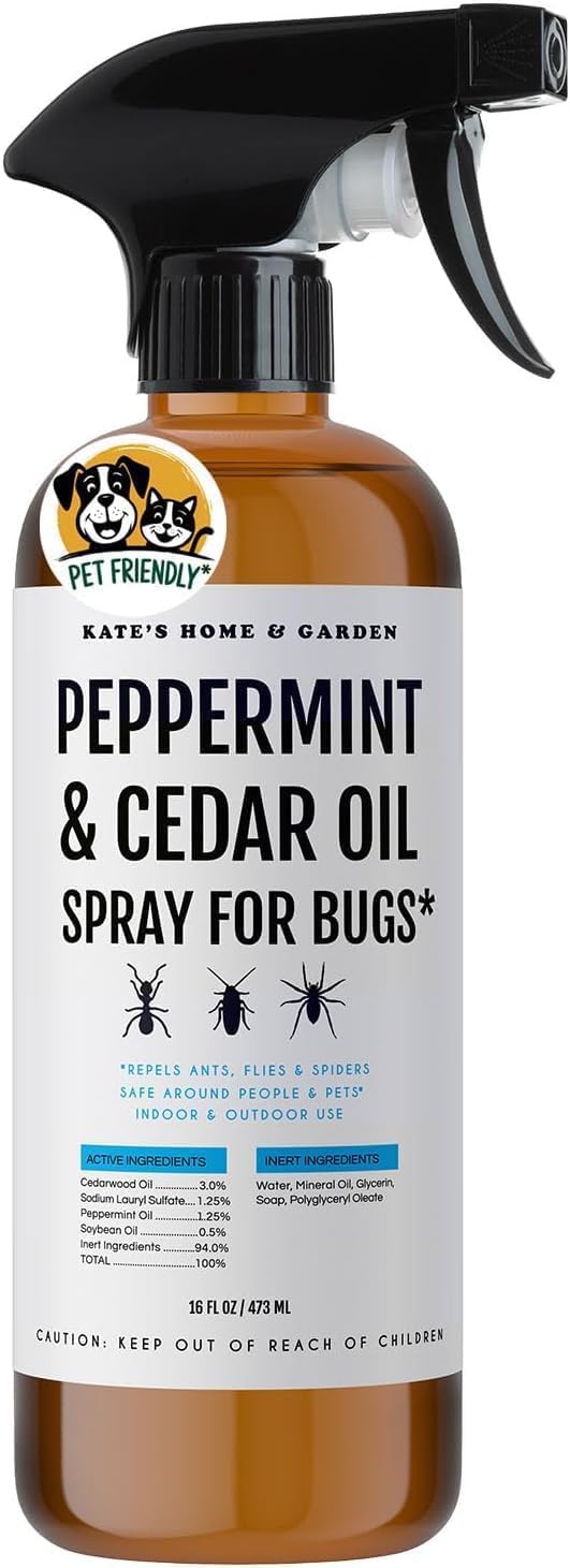 Kate's Home & Garden Peppermint Oil Spray for Bugs, Ants, Insects, Spiders. Pesticide and Insecticide Indoor Repellent Pest Control with Cedarwood Oil (16oz, Natural, Pet Safe, Non Toxic)