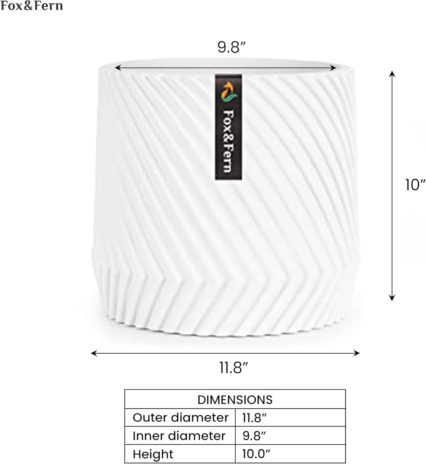 Fox & Fern Large 12 Inch Planter with Drainage Plug — Premium Polystone White Plant Pot; Modern Planter with 3D Texture and Ceramic Finish; 12 Inch Pots for Plants Indoor & Outdoor