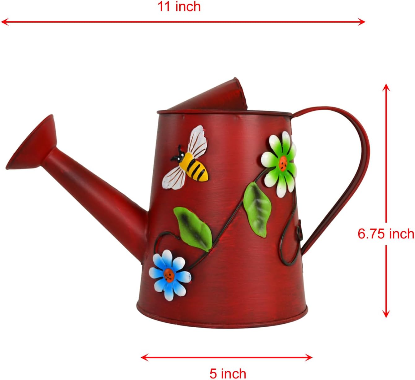 Decorative Wild Flower & Bee Metal Watering Can (Vol: 4 Cups) | Small Red Watering Can | Garden Décor Housewarming Gift for Mother Women Friends Gardeners