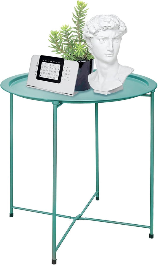 Garden 4 you End Table Metal Side Table Green Round Folding Tray Cyan Sofa Small Accent Fold-able Table, Round End Table Tray, Next to Sofa Table, Snack Table for Living Room and Bed Room