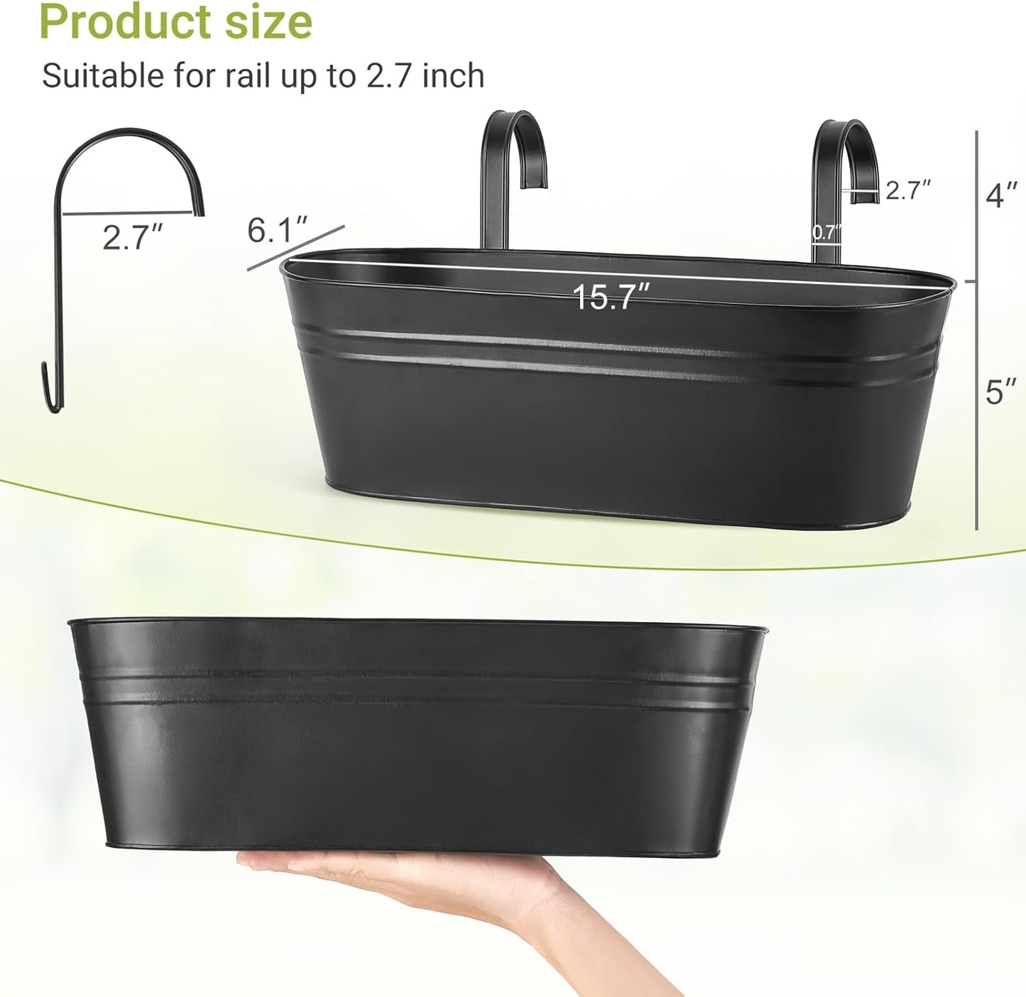 Dahey 5 Pcs Metal Iron Hanging Flower Pots for Railing Fence 15.7 Inch Hanging Bucket Pots Countryside Style Window Flower Plant Holder with Detachable Hooks for Garden Yard Home Decor, Black