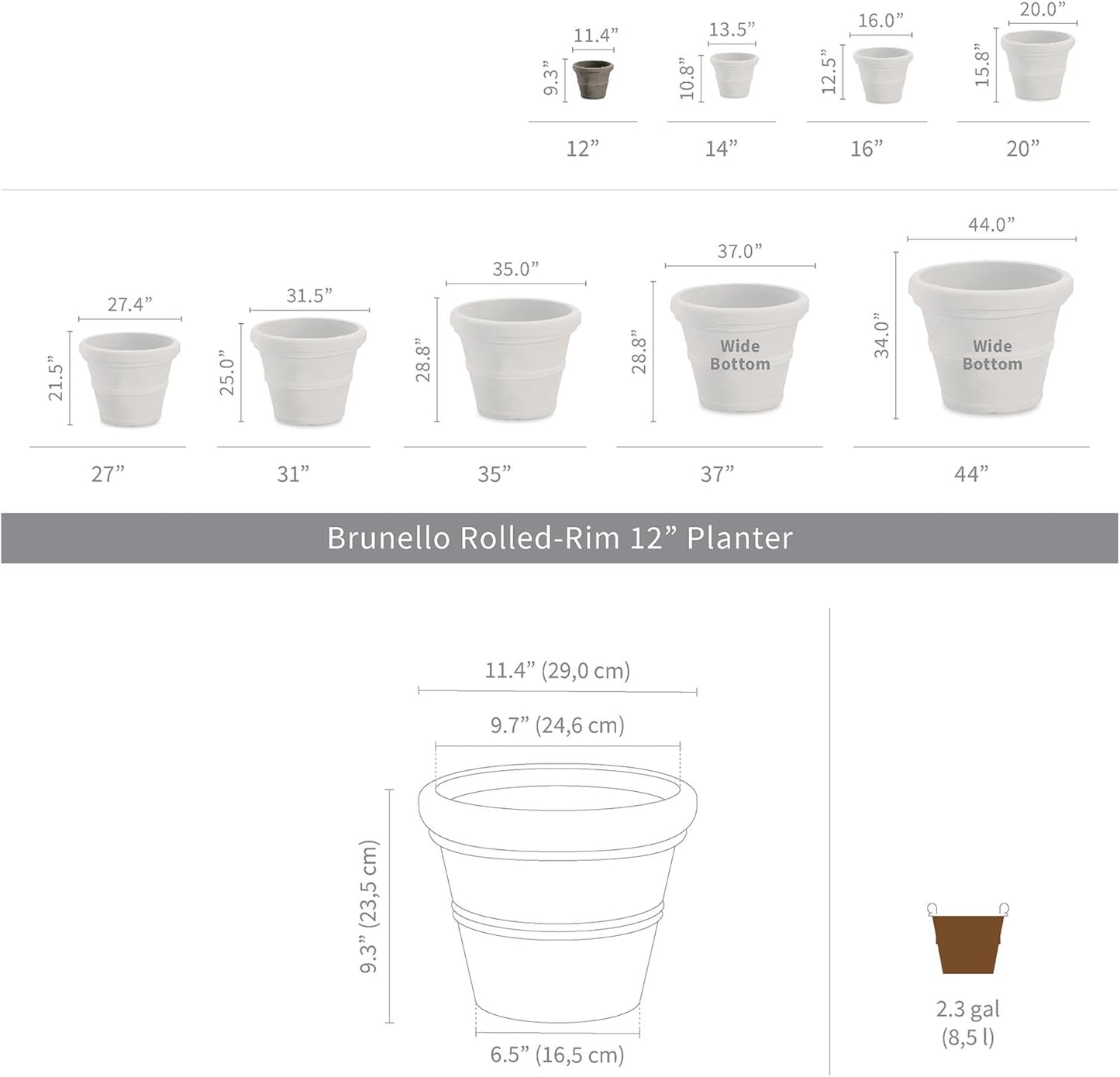 Crescent Garden Brunello Classic Rolled Rim Planter Pot, Indoor/Outdoor Weather-Safe Round Plant Pot, Small Plastic Houseplant Pot for Herbs, Succulents, Faux Plants - 12'' W (Parchment)