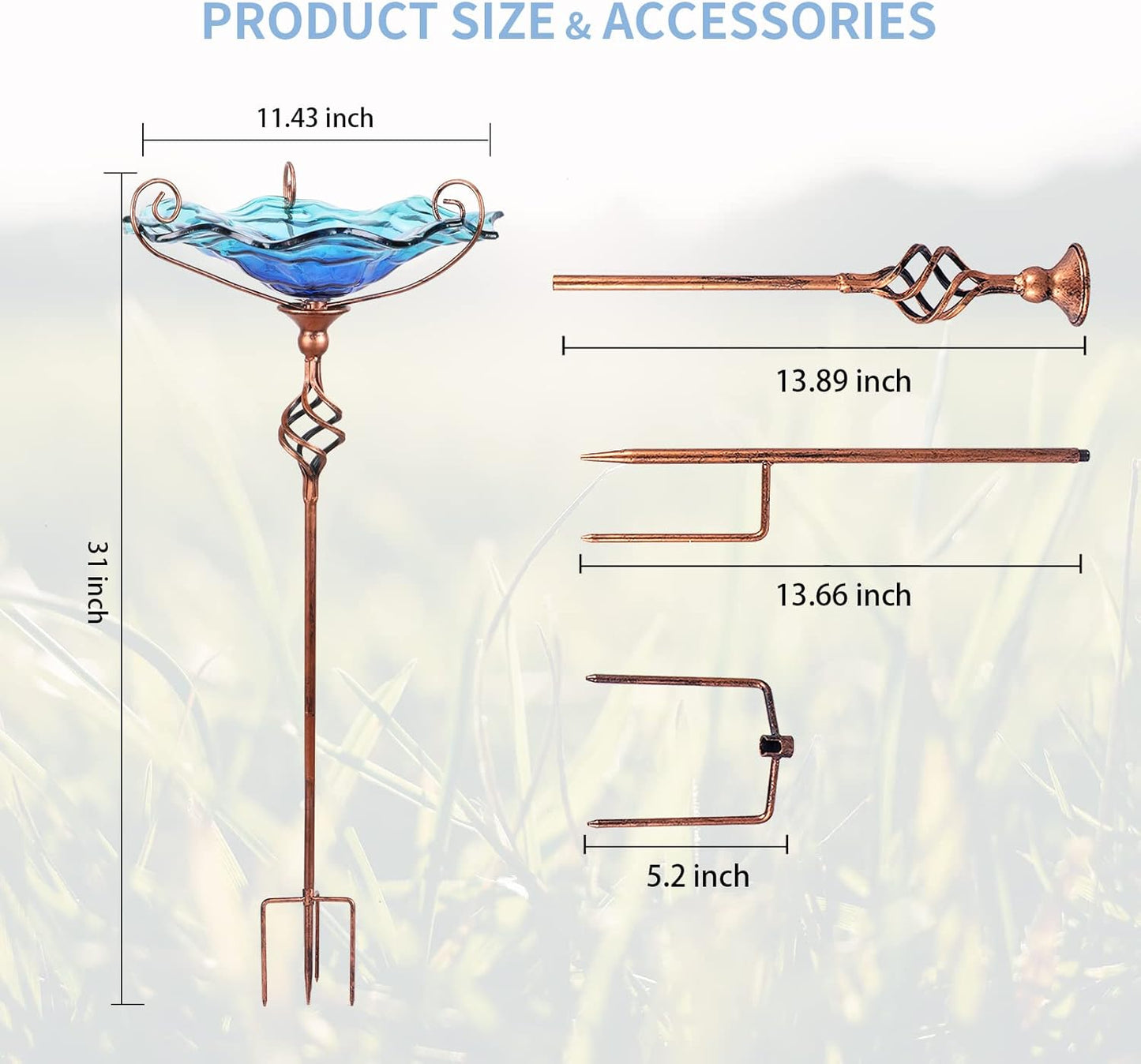 VCUTEKA Outdoor Bird Bath Glass Birdbath Garden Bird Feeder with Metal Stake Blue