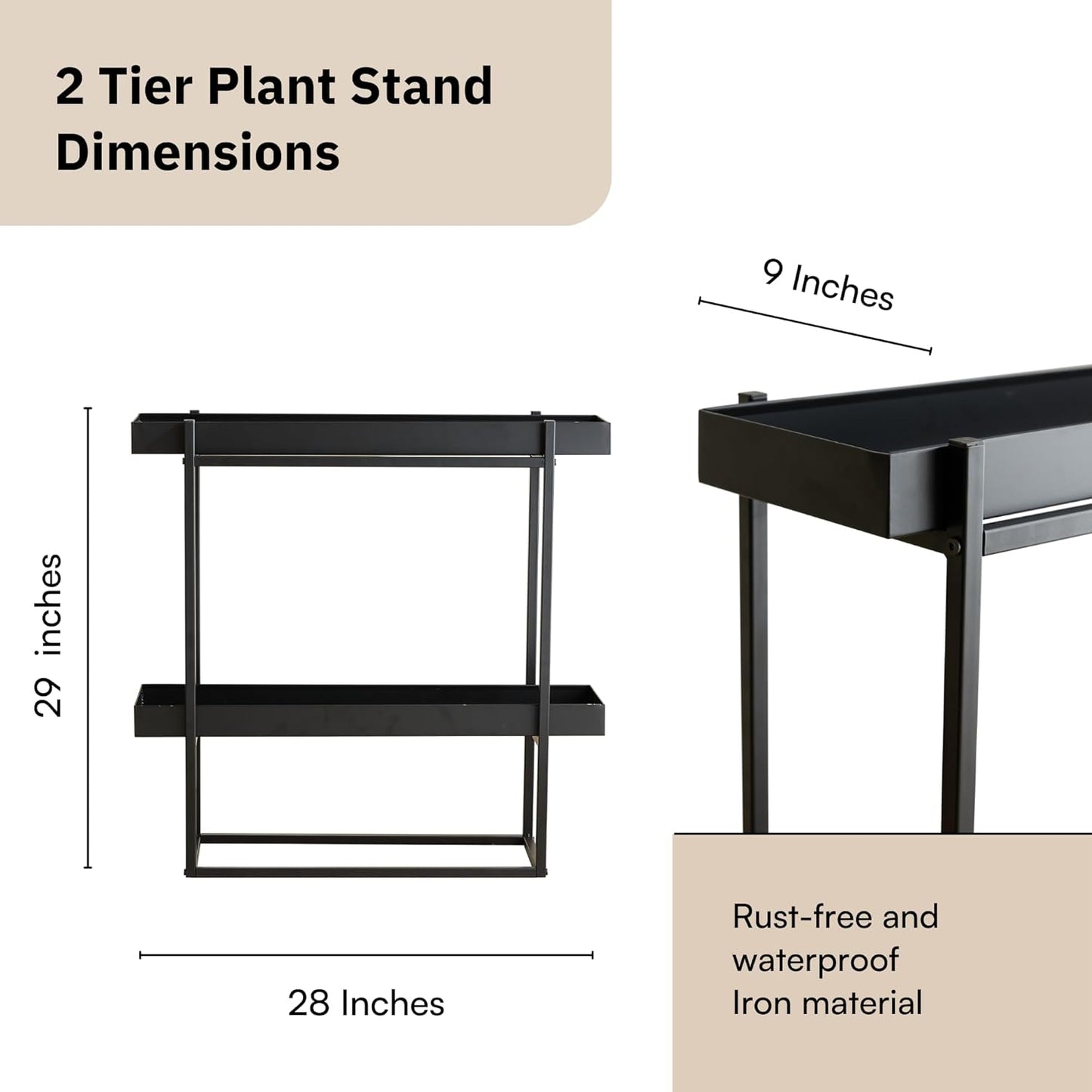 2 Tier Plant Stand Indoor Outdoor - 29 x 9 x 28 Inches Plant Shelf for Home and Office Decor - Narrow Plant Stand for Lawn, Patio, Balcony and Living Room - Heavy Duty Iron - Black