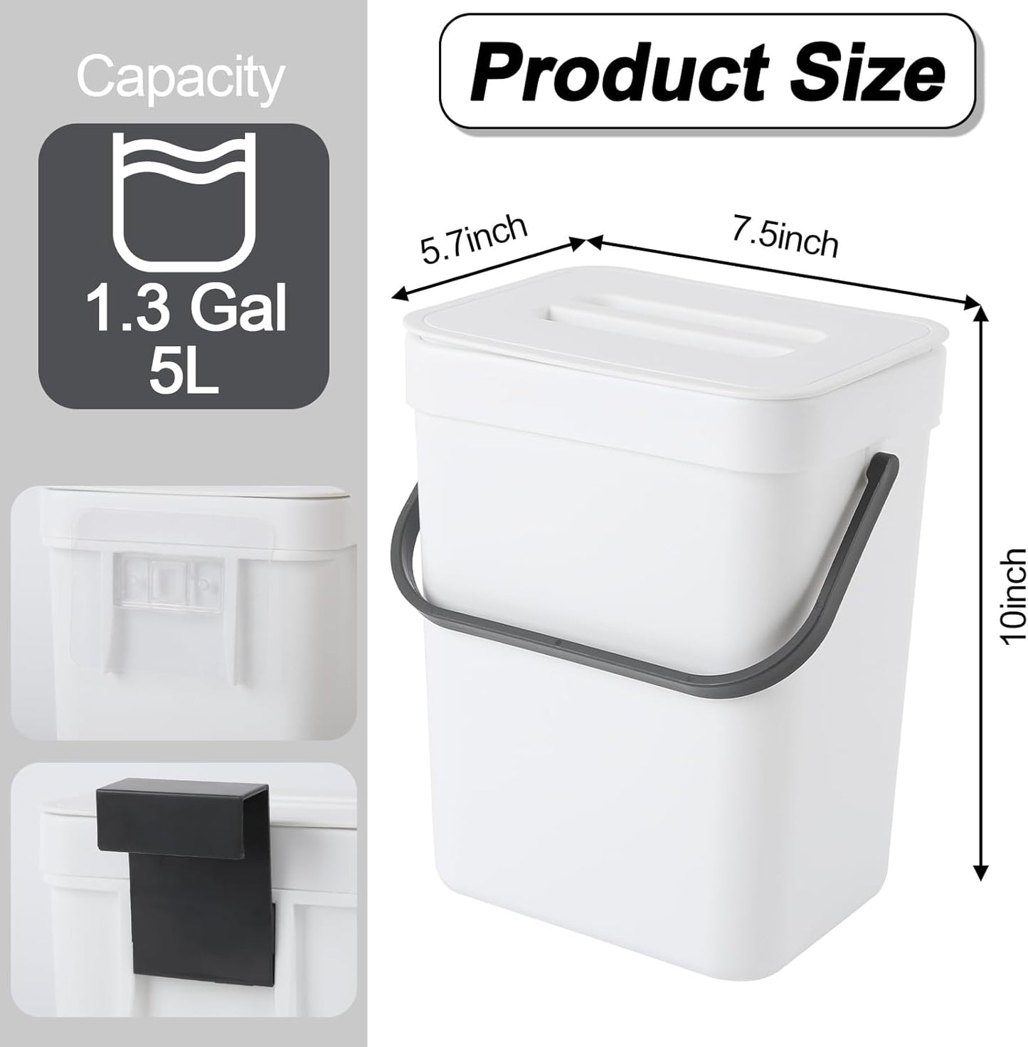 Compost Bin Kitchen, for use on Countertops or Under Sinks, Hanging Trash Can with Lid, for Cupboard/Bathroom/Bedroom/Office/Camping, Mountable Indoor Compost Bucket(White 1.3 Gallon/5L)