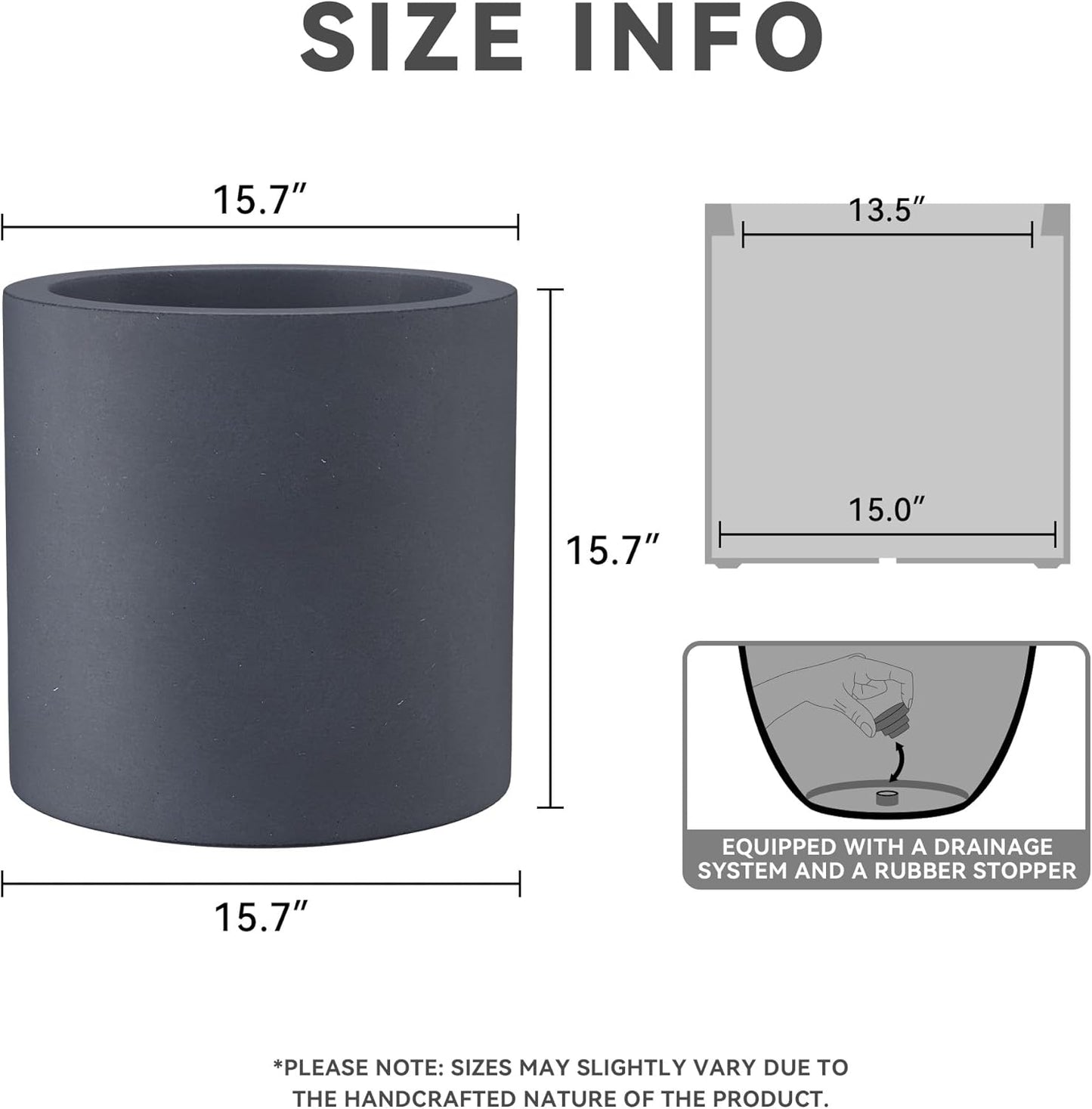 Kante 15.7" Dia Round Concrete Planter, Modern Style Large Cylindrical Plant Pot with Drainage Hole and Rubber Plug for Indoor Outdoor Patio, Charcoal