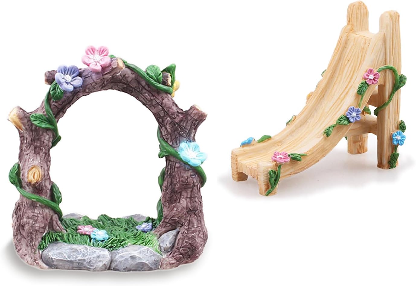 Kai Dream Miniature Fairy Garden Accessories Set, 2 Piece Resin Decorative Landscape Kit with Arch and Slide, Floral Garden Ornaments