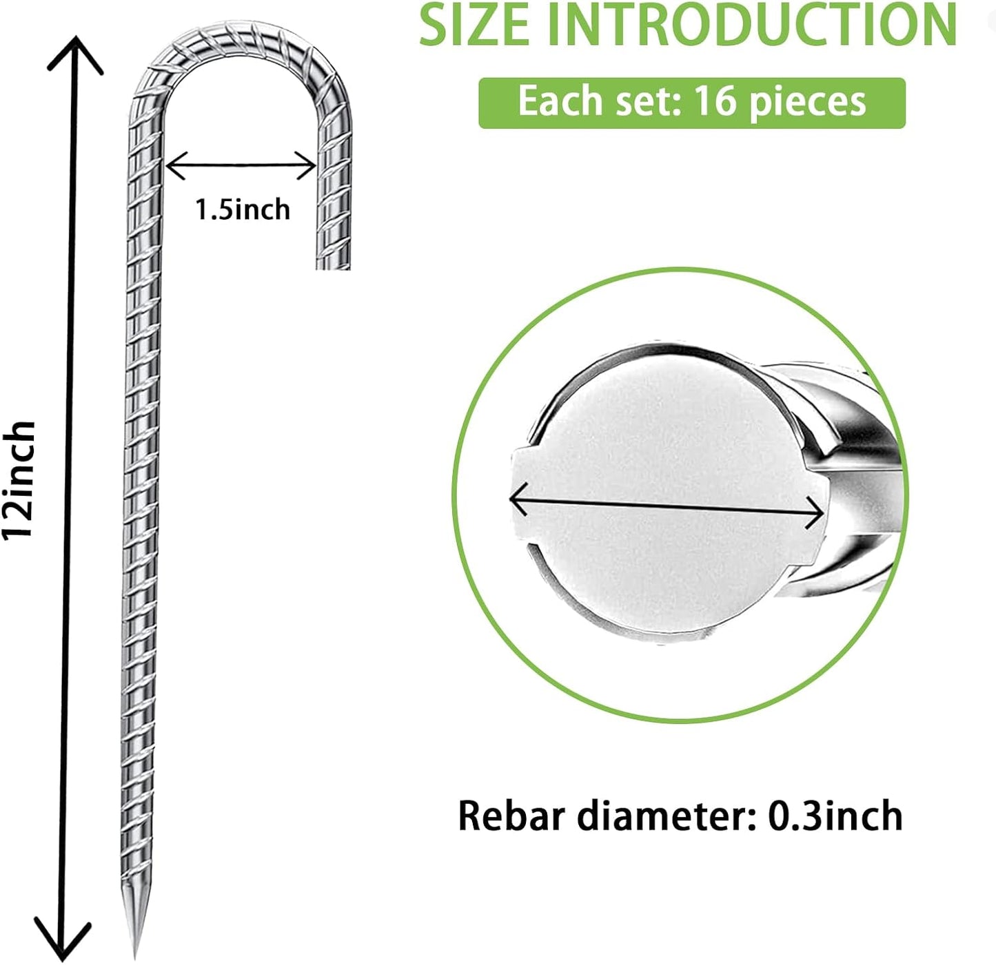 J-Hook-Rebar-Stakes-12-Inch-16-Pack, Ground Stakes Heavy Duty for High Winds Galvanized Anti-Rust Metal Stakes for Ground Heavy Duty Ground Anchors for Garden Dog Fence Chicken Coop Water Pipe