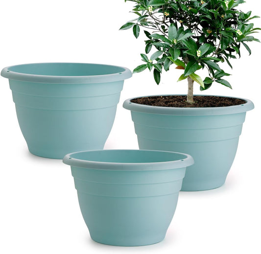 3 Pack 11 Inch Plant Pots with Drainage Hole and Plug, Durable Plastic Flower Pots for Indoor & Outdoor Plants, Elegant Mordern Plant Pots Perfect for Herbs, Flowers & Succulents, Blue