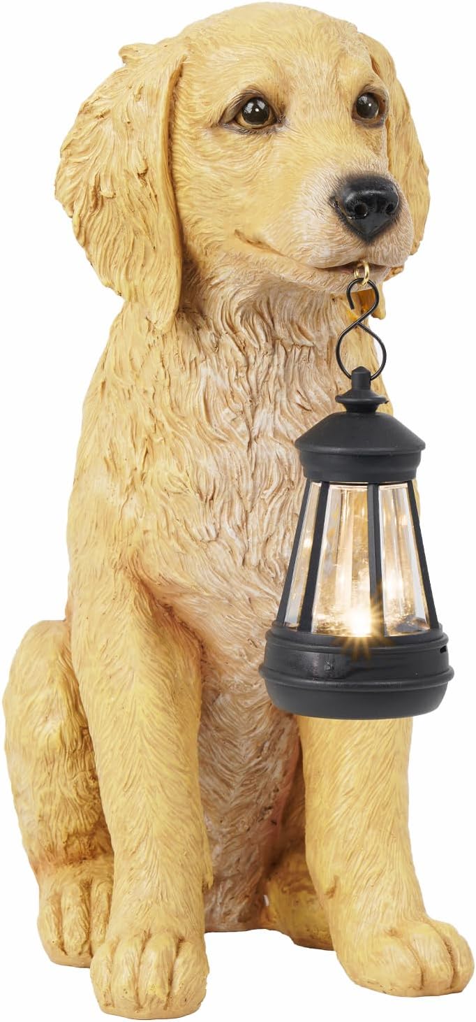 Cynkeyee Garden Decor Dog Statues Outdoor - Golden Retriever Puppy Statue with Solar, Outdoor Figurine Lights for Garden Patio Yard Accent Solar Decorations for Outside 13.5x7.5x15.5 Inch