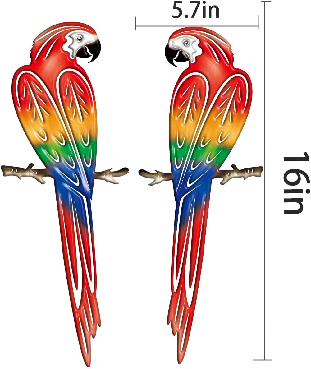 Metal Outdoor Wall Art Decor,3D Colorful Garden Birds Sculpture Outdoor Iron Hanging Parrot Decor, Metal Hand-Made Bird Wall Art Decorations for Fence Patio Balcony Living Room