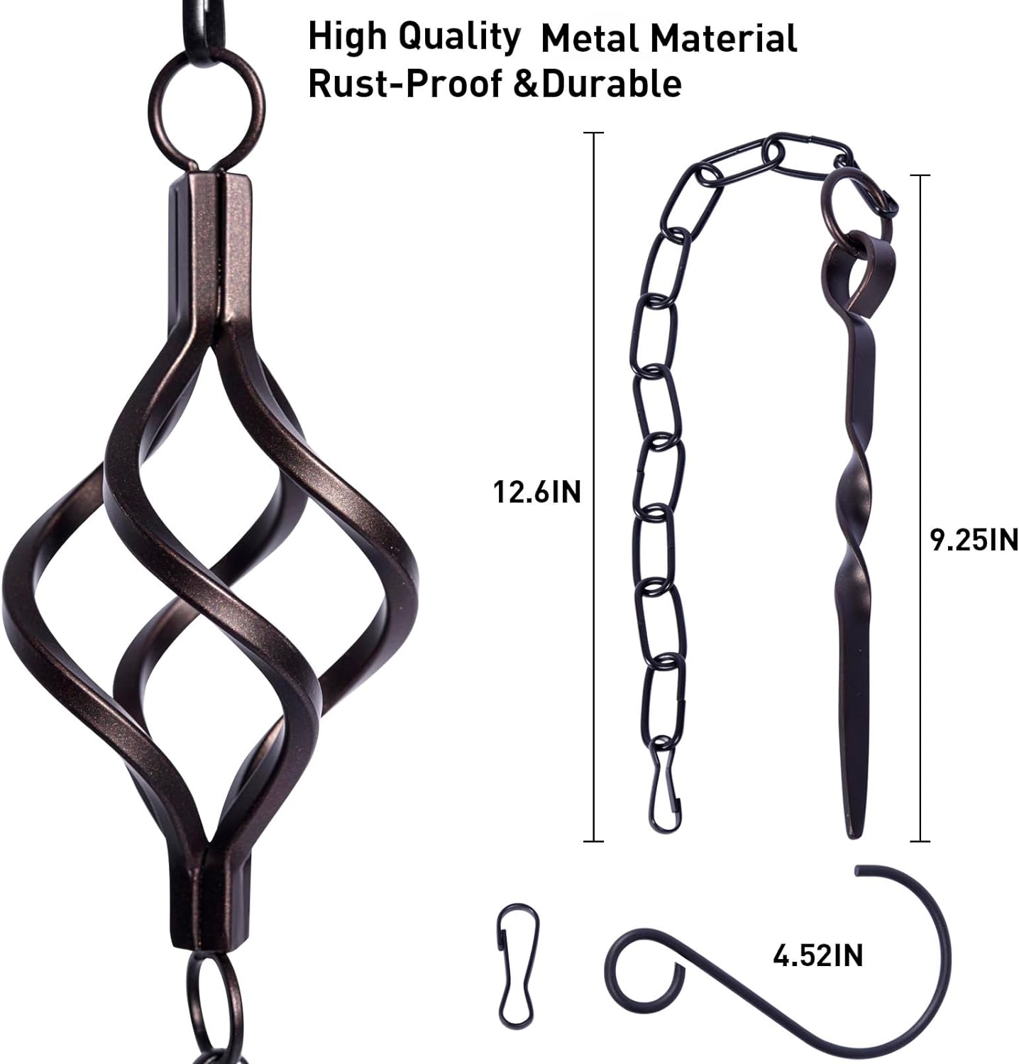 Rain Chain Bird Cage Set 8.5Ft, Not Rust Wrought Iron Rain Chains for Gutters with Adapter Gotta Drain and Sturdy Anchoring Stake,13 Cups, 1 Hook, Adjustable Length for Garden Decorative (Coffee)