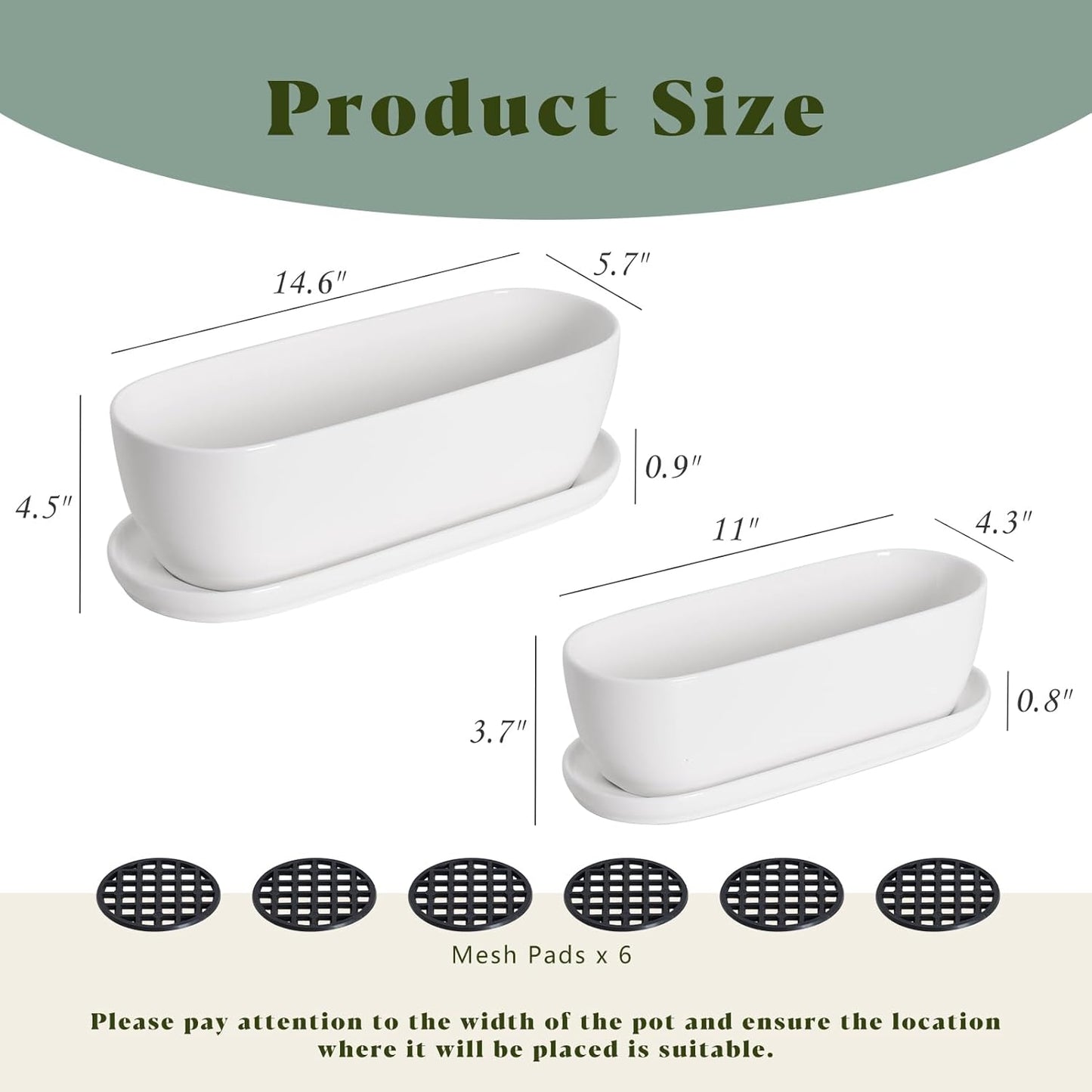 E-liu Ceramic Plant Pots, 11+14 inch, Set of 2, Planters with Drainage Holes Saucers and Mesh Pads, Indoor Flower Succulent Pot with Hole Mesh Pad, Gifts for Mom, Plants Not Included