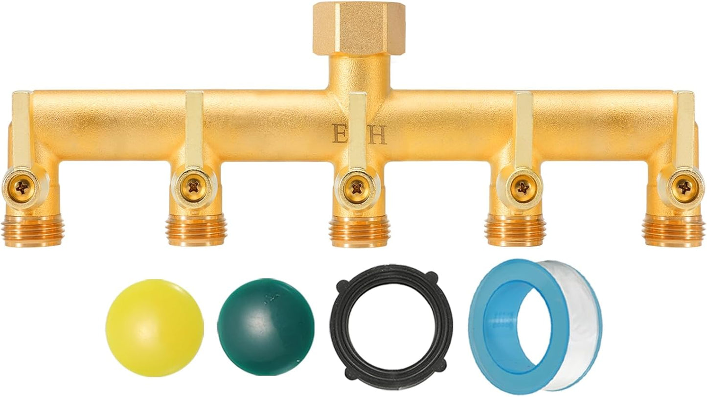 EBH Brass Garden Hose Splitter, 5 Way Outdoor Frostproof Tap Hose Splitter with 5 Individual On/Off Valve and Extended Handle, GHT 3/4-Inch Heavy Duty Hex Female Inlet and 3/4-Inch Male Outlet