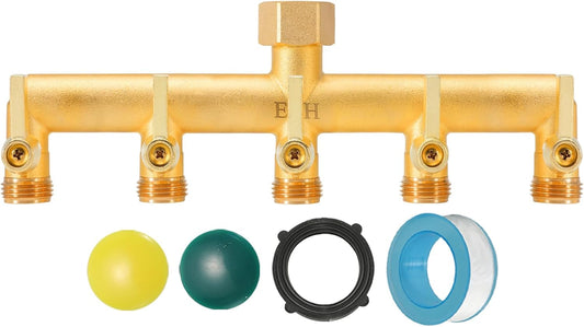 EBH Brass Garden Hose Splitter, 5 Way Outdoor Frostproof Tap Hose Splitter with 5 Individual On/Off Valve and Extended Handle, GHT 3/4-Inch Heavy Duty Hex Female Inlet and 3/4-Inch Male Outlet