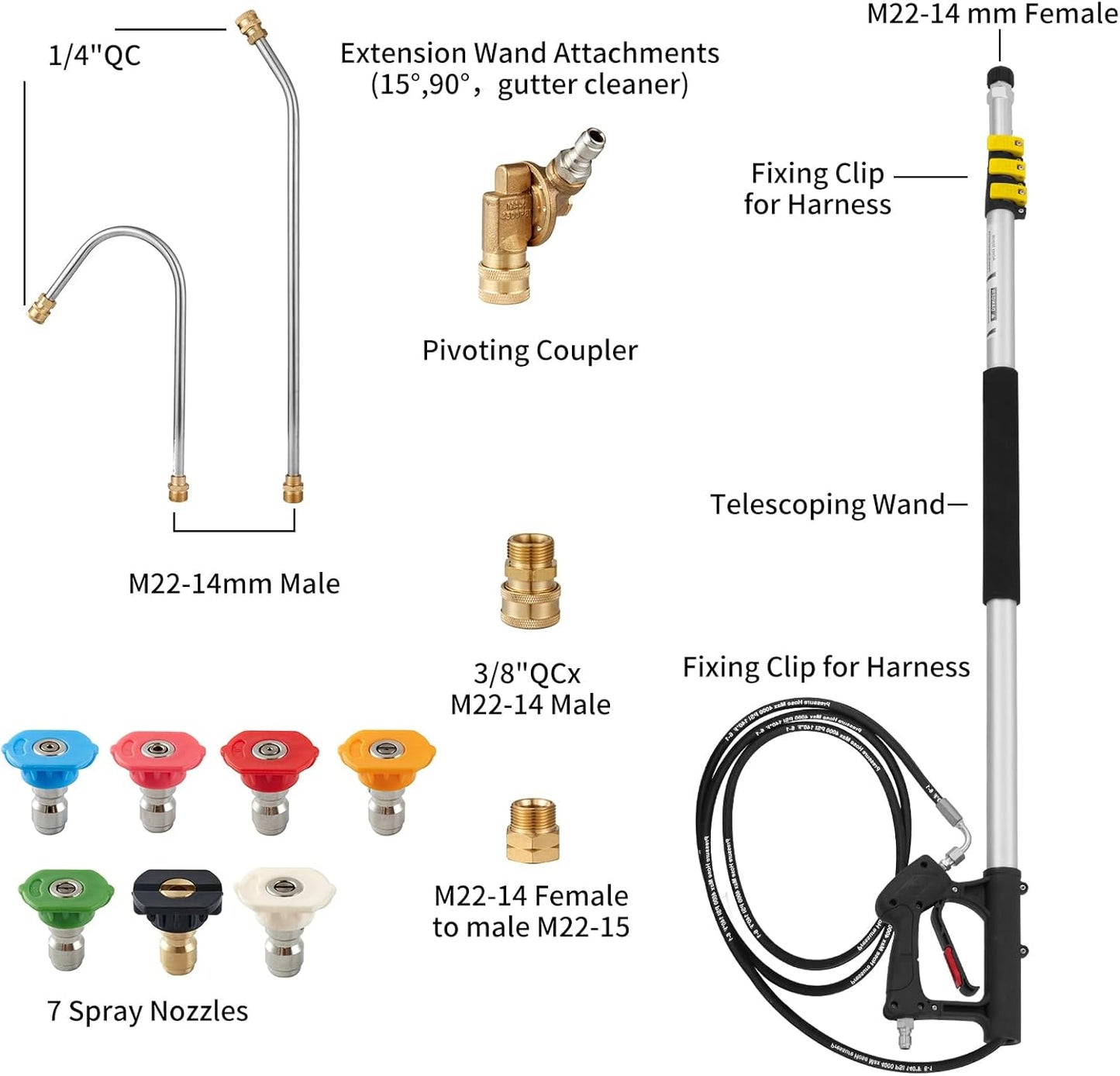 18 FT Telescoping Pressure Washer Wand with Power Washer Extension Wand, Gutter Cleaner Attachment, 5 Spray Nozzle Tips and 2 Hose Inlet Adapters