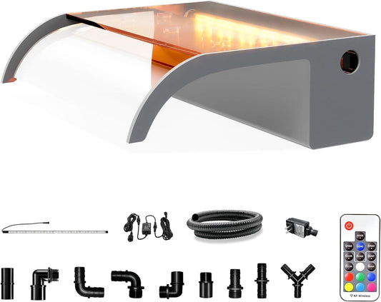 Waterfall Pool Fountain, LONGRUN Waterfall Spillway for Koi Ponds - 11.8" Transparent Acrylic Water Fall for Swimming Pool, Garden Pond, Patios, Spa Decoration