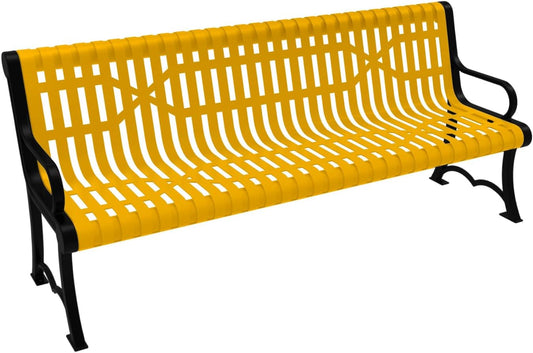 Coated Outdoor Furniture Heavy-Duty Outdoor Bench Thermoplastic Coated, Slated Steel, Commercial-Grade Garden Bench, Made in America (Portable with Back, 6 Ft, Yellow)