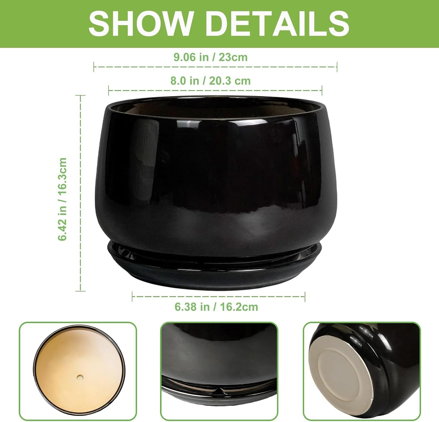 G EPGardening Ceramic Plant Pots - 9 Inch Round Planter, Ceramic Pots for Plants with Drainage and Tray, Flower Indoor Outdoor Planter, Modern Desk Decor, Plant Lover Gifts, Black