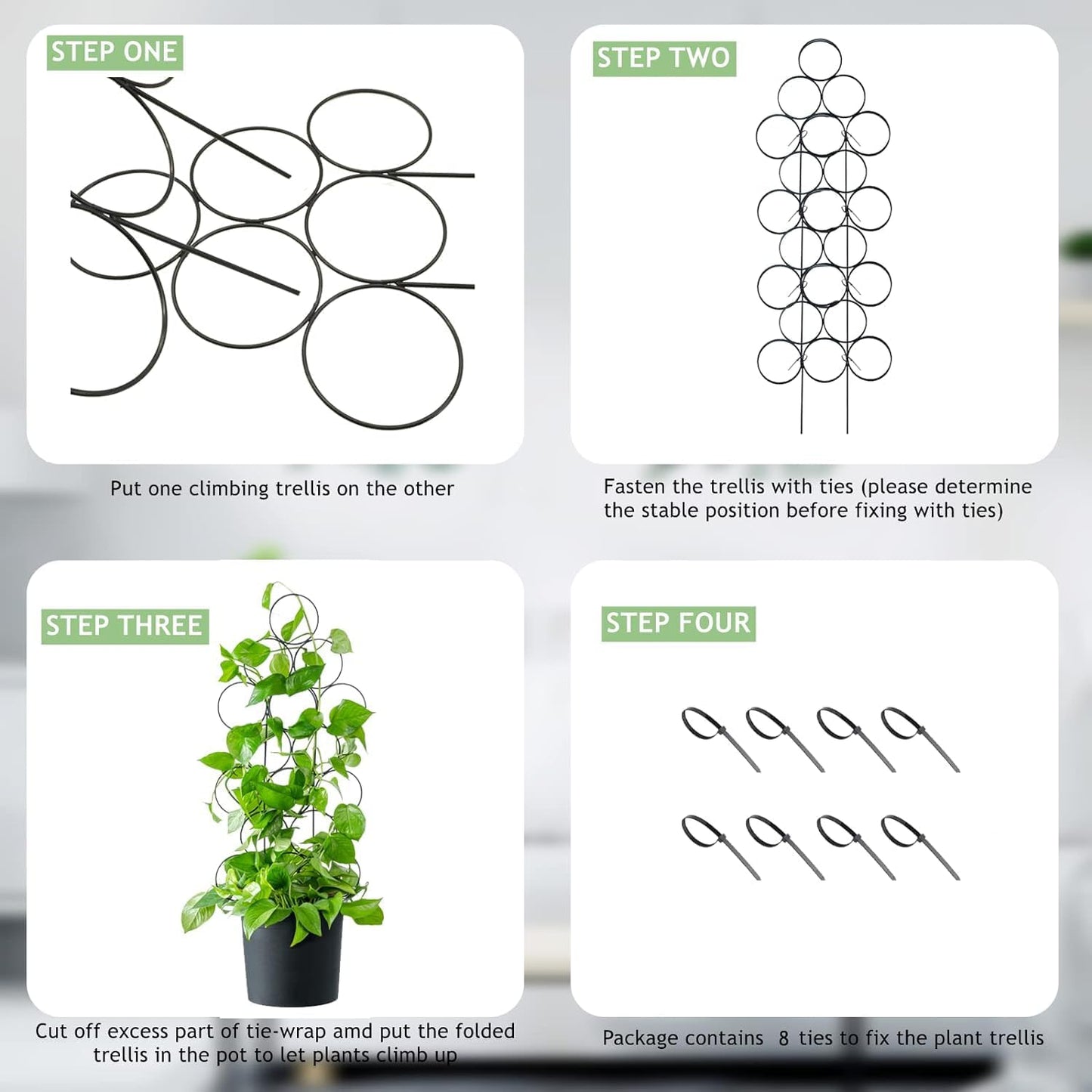4 Pack Plant Trellis Indoor 15.7 Inch for climbing plants indoor Small Garden Trellis for Potted Plant Support Metal Wire Stackable Trellis Houseplant for Monstera Vines Lvy Pothos Accessorie(4 black)