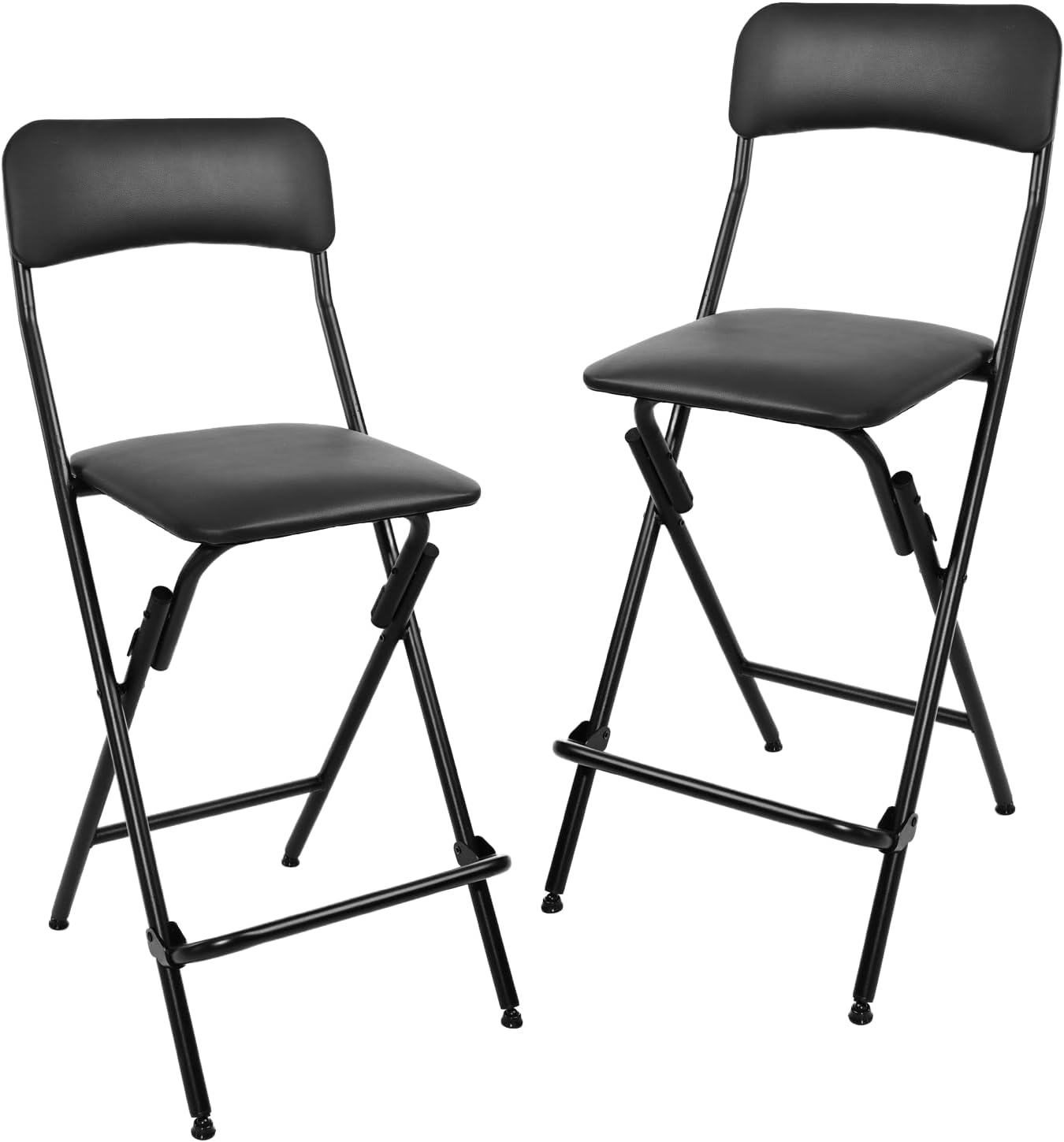 Folding Bar Stool with Backrest,25 Inch Leather Padded Counter Height Foldable Stool,Tall Folding Stool Chair for Gardening Kitchen Shop Cafe, Black (2 Pack)