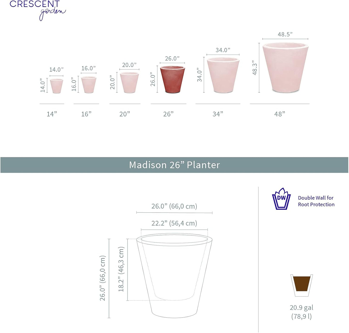 Crescent Garden Madison Planter– Weather-Resistant, Double Walled Indoor/Outdoor Plant Pot with Drain Hole – Large Plastic Plant Pot, 26-Inch (Terracotta-Colored)